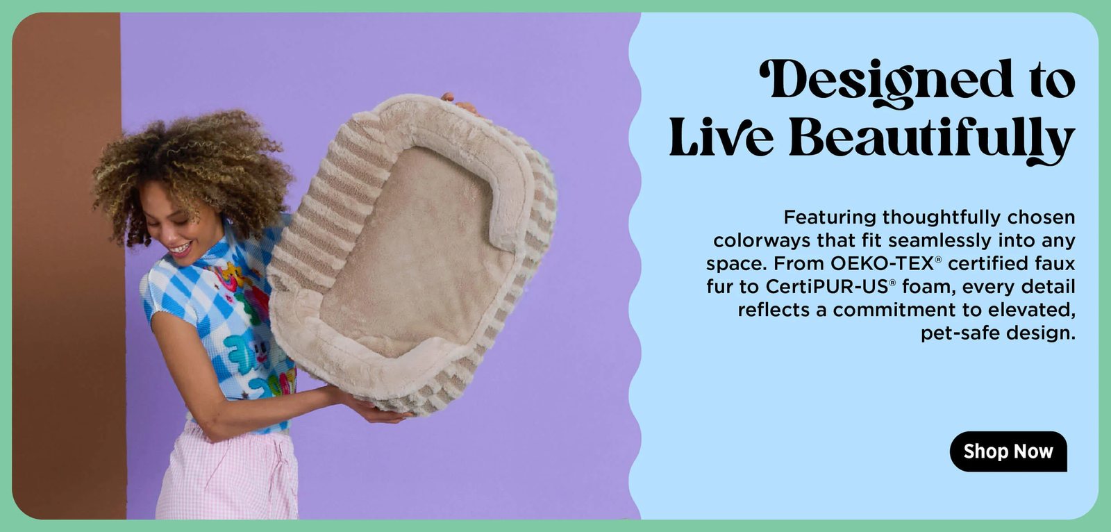 Designed to Live Beautifully panel for the High Back Pet Sofa, woman holding up a sofa bed cushion