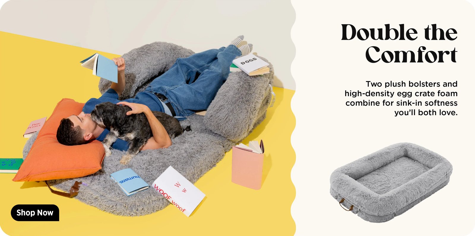 Double the Comfort panel for the 3-in-1 Human Dog Bed, man reading with his dog on the bed