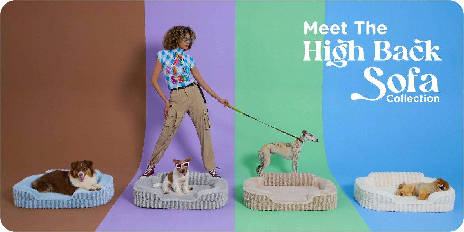 Meet The High Back Sofa Collection campaign hero, model walking a whippet past a color-blocked lineup of sofa beds