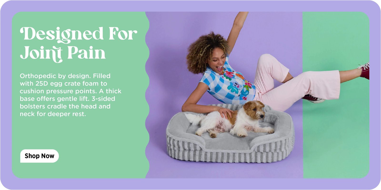 Woman playing with a dog resting on the orthopedic High Back Pet Sofa